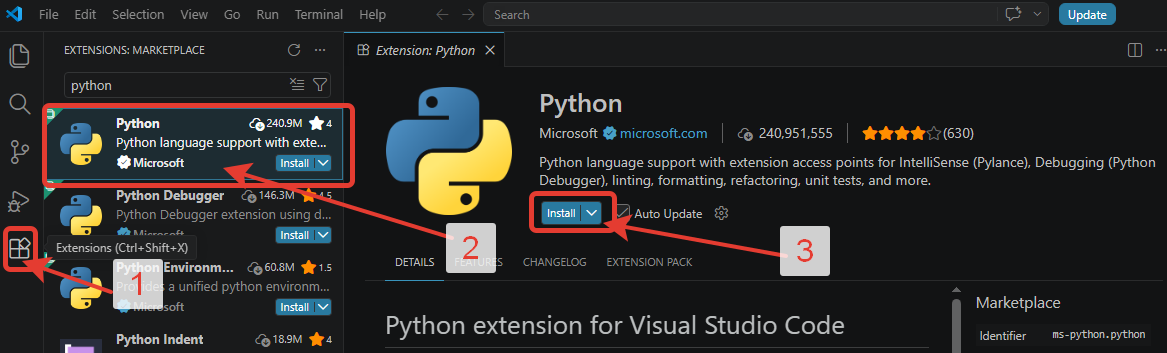 Установка расширения Python